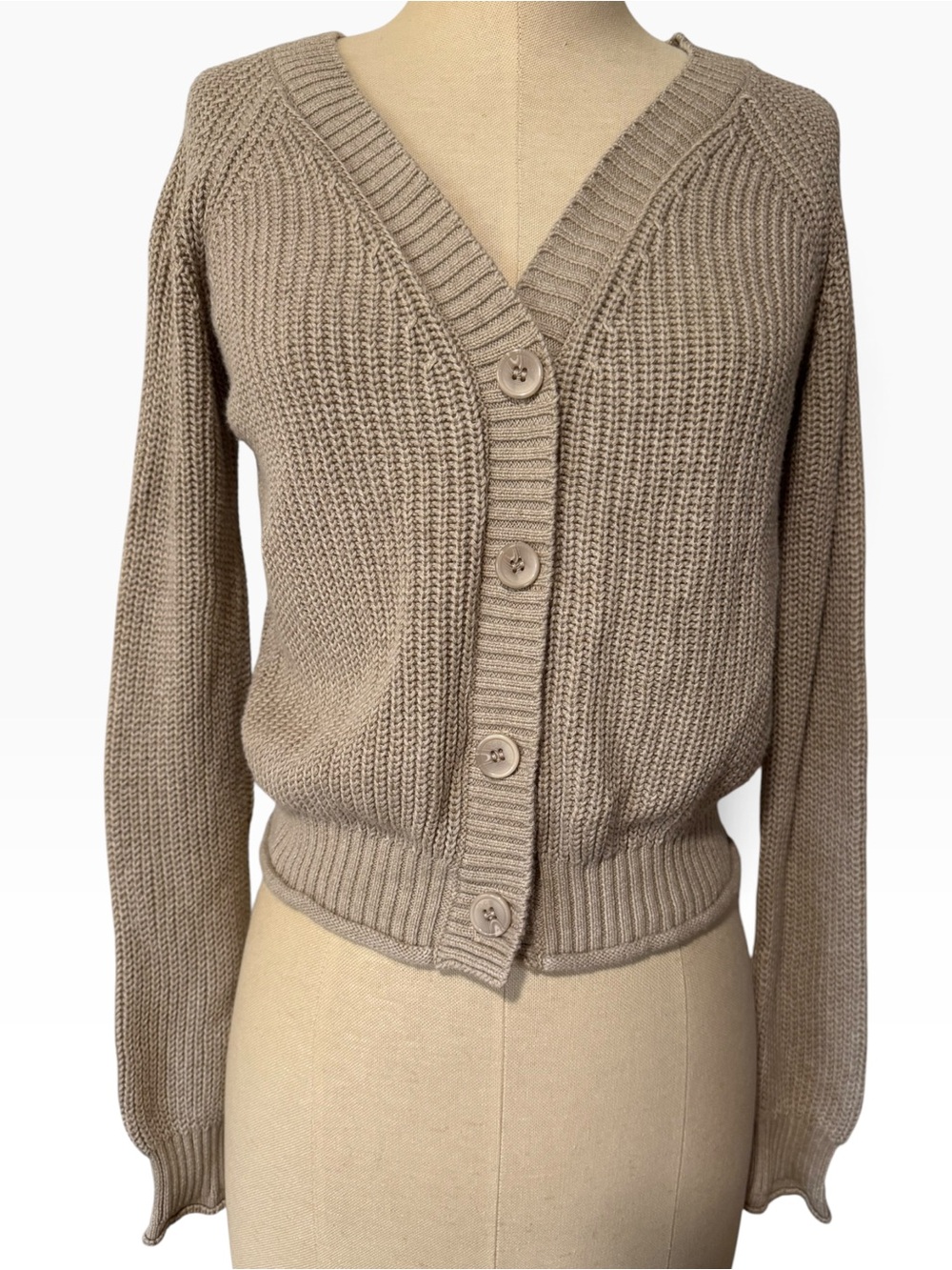 One Grey Day Raleigh Cotton Fisherman Rib Cardigan Latte XS Roll Hem
